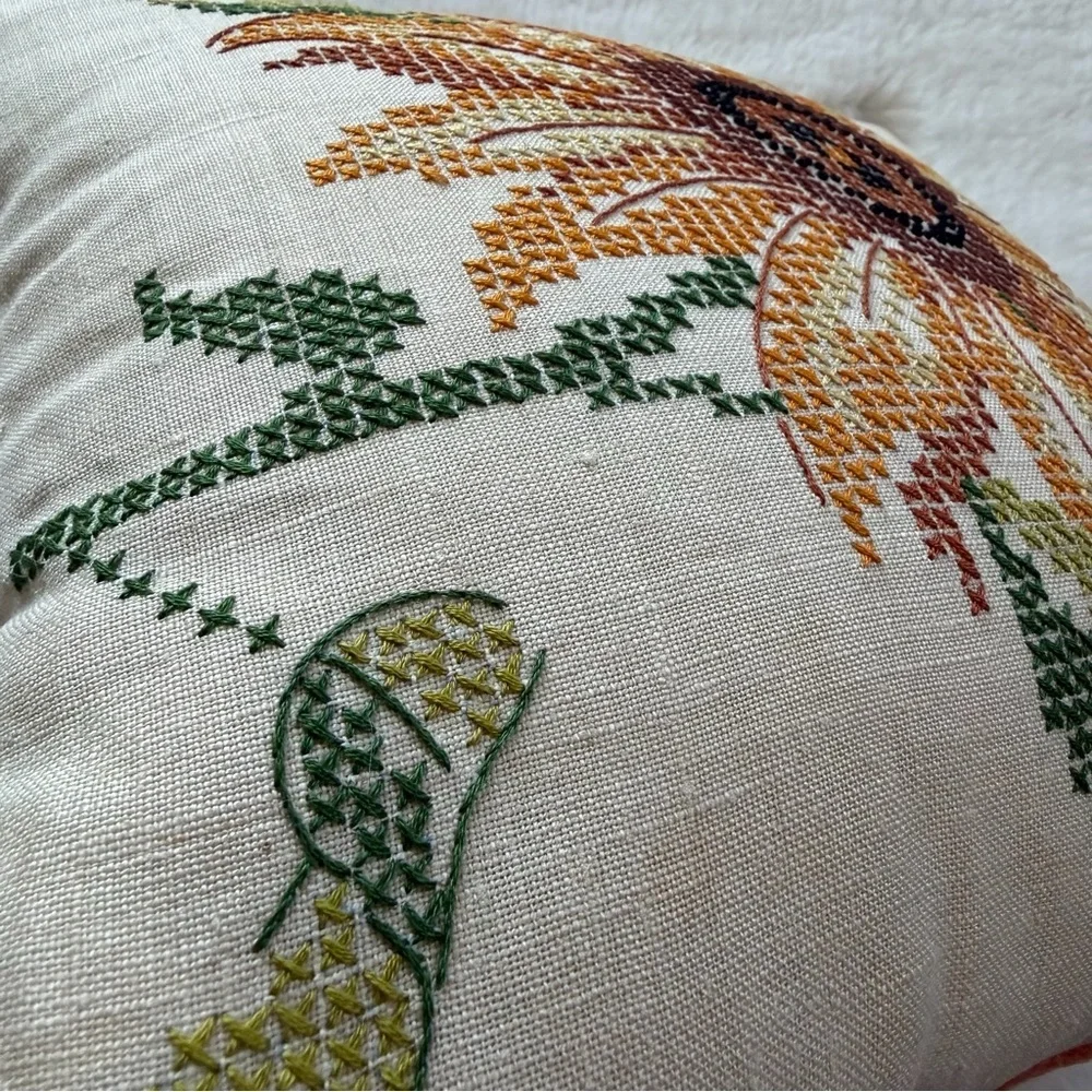 Vintage Hand Embroidered Sunflower Pillow 12” x 12” Cross Stitch Floral Linen